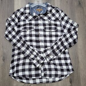 JACHS Girlfriend Black, White, and Blue Striped Button Down Shirt- Medium